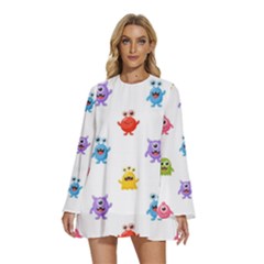 Seamless Pattern Cute Funny Monster Cartoon Isolated White Background Round Neck Long Sleeve Bohemian Style Chiffon Mini Dress