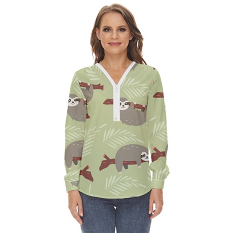 Sloths Pattern Design Zip Up Long Sleeve Blouse by Hannah976