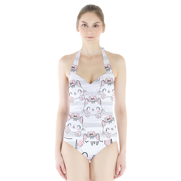 Cat With Bow Pattern Halter Swimsuit