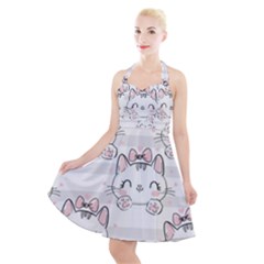 Cat With Bow Pattern Halter Party Swing Dress  by Hannah976