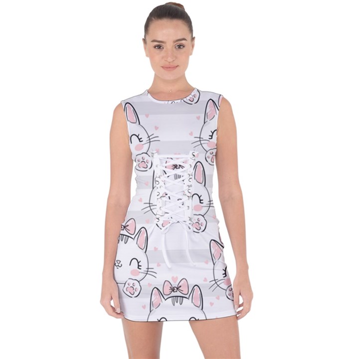 Cat With Bow Pattern Lace Up Front Bodycon Dress