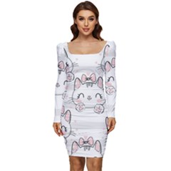 Cat With Bow Pattern Women Long Sleeve Ruched Stretch Jersey Dress by Hannah976