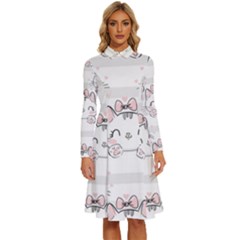 Cat With Bow Pattern Long Sleeve Shirt Collar A-line Dress by Hannah976