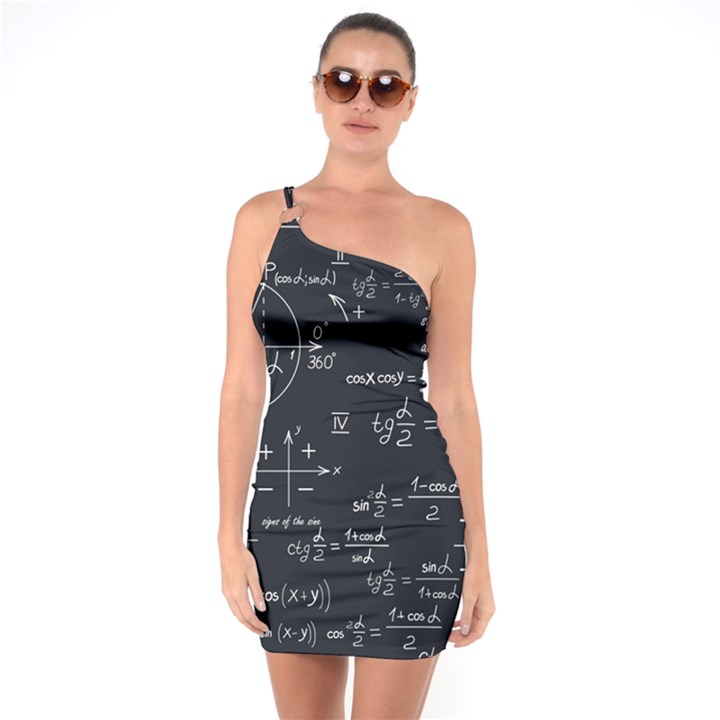 Mathematical Seamless Pattern With Geometric Shapes Formulas One Shoulder Ring Trim Bodycon Dress