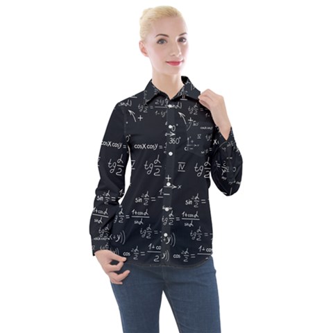 Mathematical Seamless Pattern With Geometric Shapes Formulas Women s Long Sleeve Pocket Shirt by Hannah976