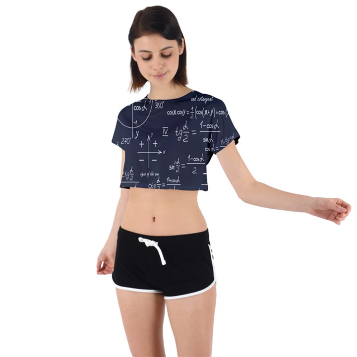 Mathematical Seamless Pattern With Geometric Shapes Formulas Tie Back Short Sleeve Crop T-Shirt