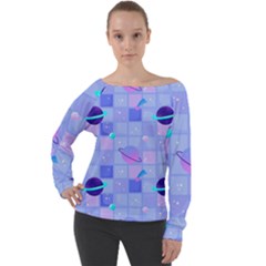 Seamless Pattern Pastel Galaxy Future Off Shoulder Long Sleeve Velour Top by Hannah976