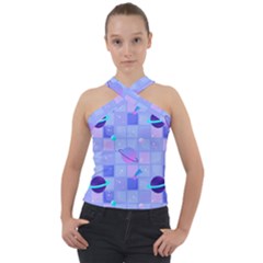 Seamless Pattern Pastel Galaxy Future Cross Neck Velour Top by Hannah976