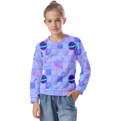 Seamless Pattern Pastel Galaxy Future Kids  Long Sleeve T-shirt With Frill  by Hannah976