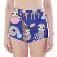 Hand Drawn Cute Sloth Pattern Background High-waisted Bikini Bottoms by Hannah976