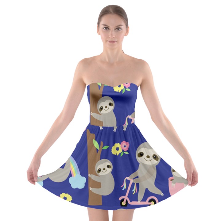 Hand Drawn Cute Sloth Pattern Background Strapless Bra Top Dress