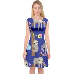 Hand Drawn Cute Sloth Pattern Background Capsleeve Midi Dress by Hannah976