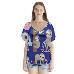 Hand Drawn Cute Sloth Pattern Background V-neck Flutter Sleeve Top by Hannah976