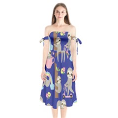 Hand Drawn Cute Sloth Pattern Background Shoulder Tie Bardot Midi Dress