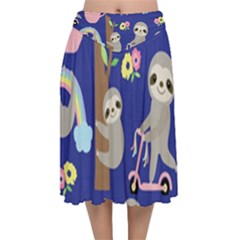 Hand Drawn Cute Sloth Pattern Background Velvet Flared Midi Skirt by Hannah976