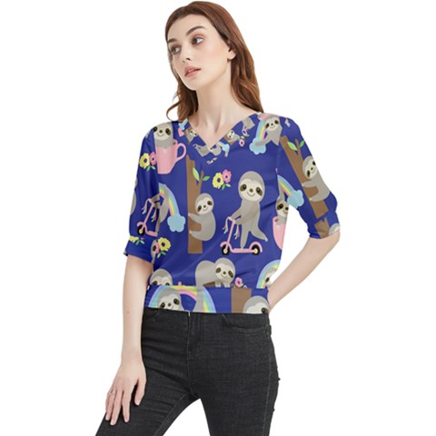 Hand Drawn Cute Sloth Pattern Background Quarter Sleeve Blouse by Hannah976