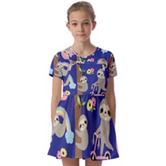 Hand Drawn Cute Sloth Pattern Background Kids  Short Sleeve Pinafore Style Dress by Hannah976