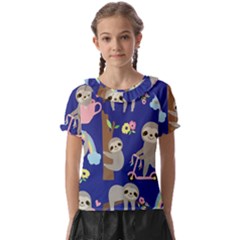 Hand Drawn Cute Sloth Pattern Background Kids  Frill Chiffon Blouse by Hannah976