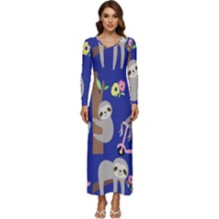 Hand Drawn Cute Sloth Pattern Background Long Sleeve Longline Maxi Dress by Hannah976