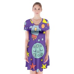 Card With Lovely Planets Short Sleeve V-neck Flare Dress by Hannah976