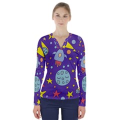 Card With Lovely Planets V-neck Long Sleeve Top by Hannah976