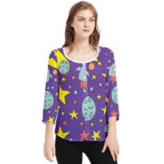 Card With Lovely Planets Chiffon Quarter Sleeve Blouse by Hannah976