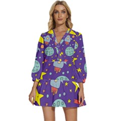 Card With Lovely Planets V-neck Placket Mini Dress by Hannah976