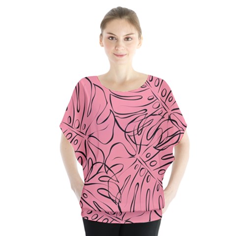 Pink Monstera Batwing Chiffon Blouse by ConteMonfrey