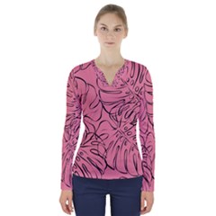 Pink Monstera V-neck Long Sleeve Top by ConteMonfrey