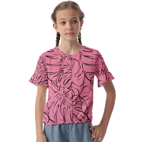 Pink Monstera Kids  Cuff Sleeve Scrunch Bottom T-shirt by ConteMonfrey