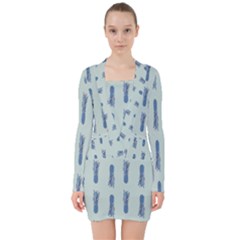 Blue King Pineapple  V-neck Bodycon Long Sleeve Dress by ConteMonfrey