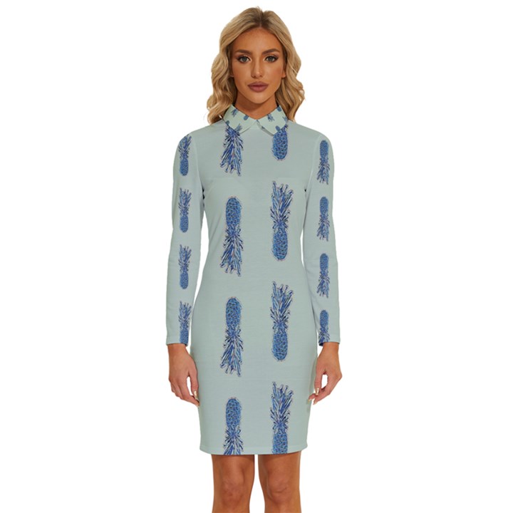 Blue King Pineapple  Long Sleeve Shirt Collar Bodycon Dress