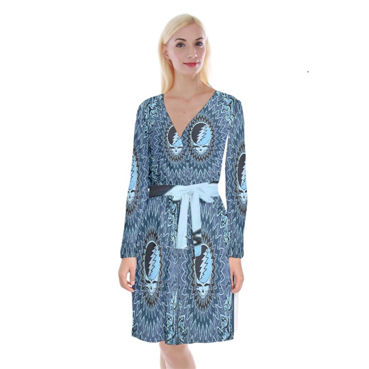 Grateful Dead Butterfly Pattern Long Sleeve Velvet Front Wrap Dress