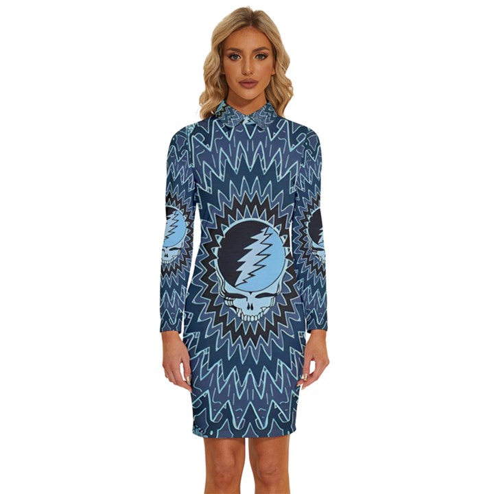 Grateful Dead Butterfly Pattern Long Sleeve Shirt Collar Bodycon Dress