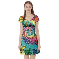 Grateful Dead Bears Tie Dye Vibrant Spiral Short Sleeve Skater Dress by Bedest