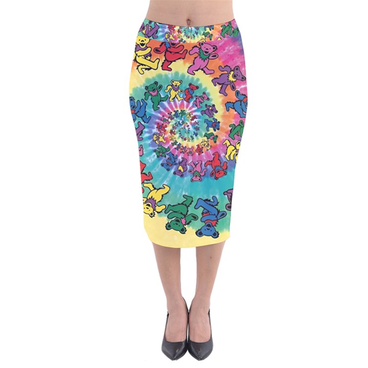 Grateful Dead Bears Tie Dye Vibrant Spiral Velvet Midi Pencil Skirt