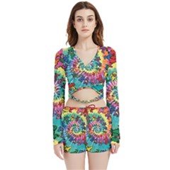 Grateful Dead Bears Tie Dye Vibrant Spiral Velvet Wrap Crop Top And Shorts Set by Bedest