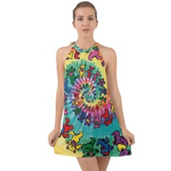 Grateful Dead Bears Tie Dye Vibrant Spiral Halter Tie Back Chiffon Dress by Bedest