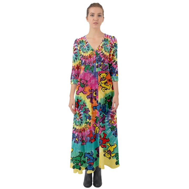 Grateful Dead Bears Tie Dye Vibrant Spiral Button Up Boho Maxi Dress