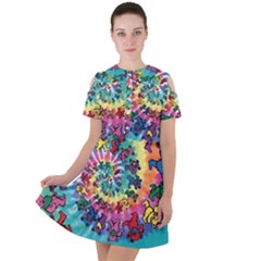 Grateful Dead Bears Tie Dye Vibrant Spiral Short Sleeve Shoulder Cut Out Dress  by Bedest