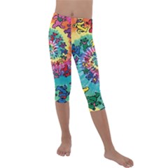 Grateful Dead Bears Tie Dye Vibrant Spiral Kids  Lightweight Velour Capri Leggings  by Bedest