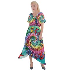 Grateful Dead Bears Tie Dye Vibrant Spiral Cross Front Sharkbite Hem Maxi Dress by Bedest