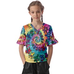 Grateful Dead Bears Tie Dye Vibrant Spiral Kids  V-neck Horn Sleeve Blouse by Bedest