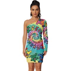 Grateful Dead Bears Tie Dye Vibrant Spiral Long Sleeve One Shoulder Mini Dress by Bedest