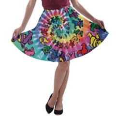 Grateful Dead Bears Tie Dye Vibrant Spiral A-line Skater Skirt by Bedest