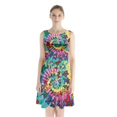 Grateful Dead Bears Tie Dye Vibrant Spiral Sleeveless Waist Tie Chiffon Dress by Bedest