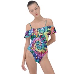 Grateful Dead Bears Tie Dye Vibrant Spiral Frill Detail One Piece Swimsuit by Bedest