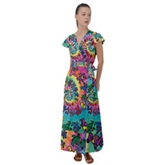 Grateful Dead Bears Tie Dye Vibrant Spiral Flutter Sleeve Maxi Dress by Bedest