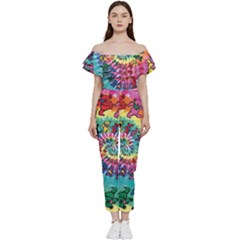 Grateful Dead Bears Tie Dye Vibrant Spiral Bardot Ruffle Jumpsuit by Bedest