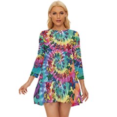 Grateful Dead Bears Tie Dye Vibrant Spiral Long Sleeve Babydoll Dress